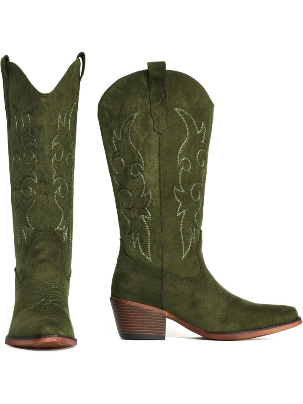 Women’s Green Suede Western Cowgirl Cowboy Boots Mid-Calf Snip Toe Chunky Heel - Picture 4 of 6
